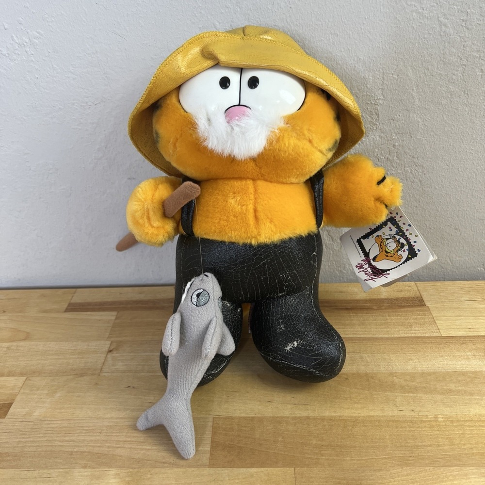Vintage Fishing Garfield 1981 Plush Dakin "The Big Catch" w/ Tag Fish Pole